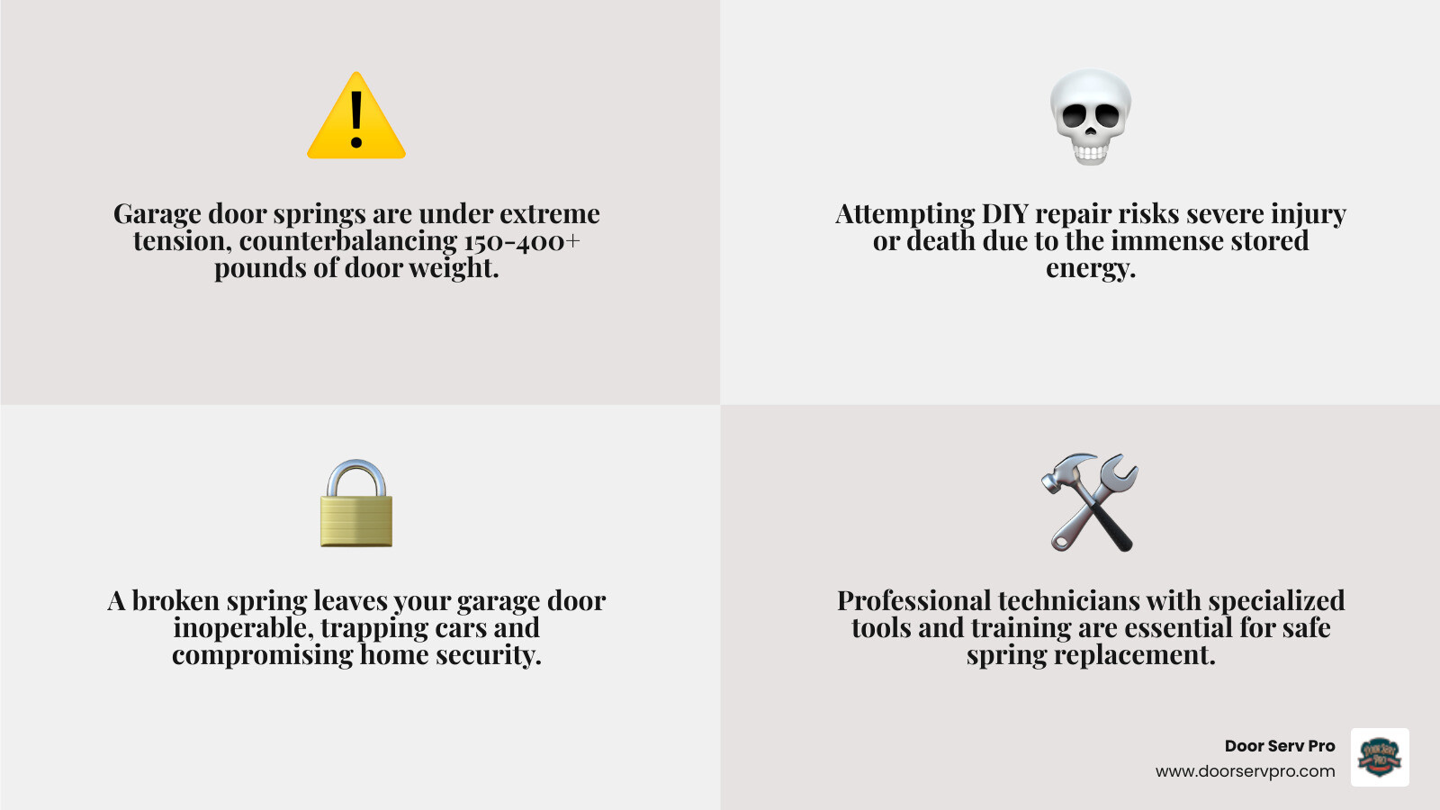 infographic showing garage door spring under extreme tension with warning symbols and safe vs unsafe repair comparison - 24 hour garage door spring repair chambersburg pa infographic 4_facts_emoji_grey