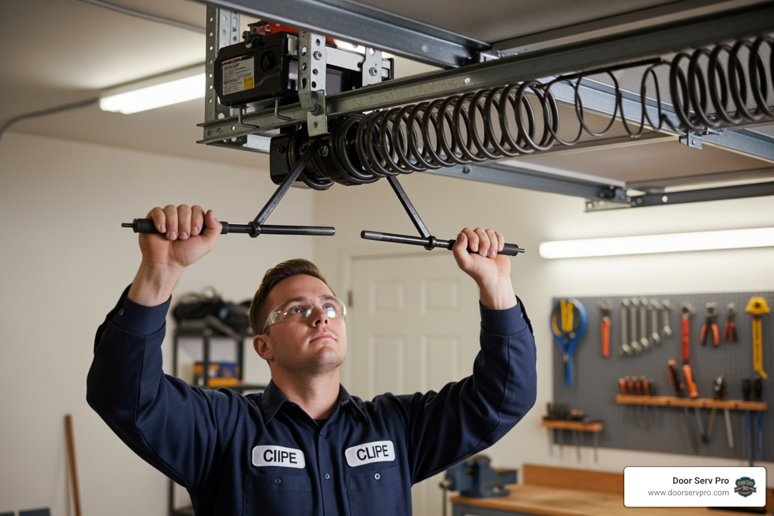 technician wearing safety glasses and using winding bars - 24 hour garage door spring repair chambersburg pa