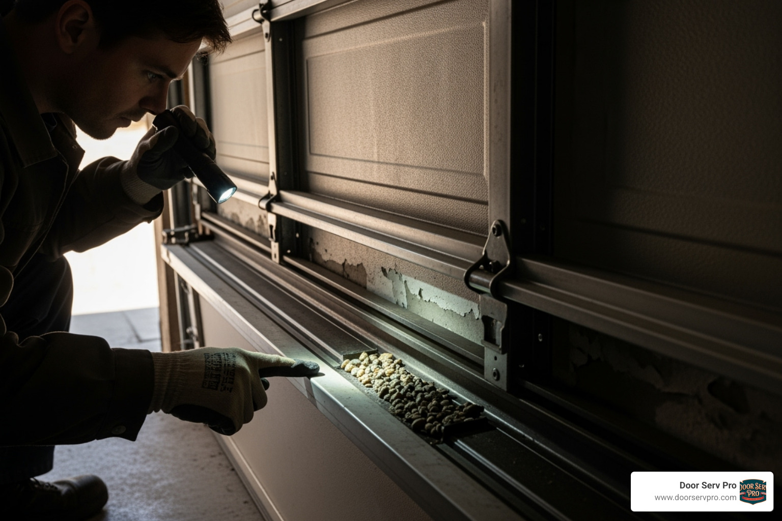 person inspecting the garage door tracks for debris - garage door not closing