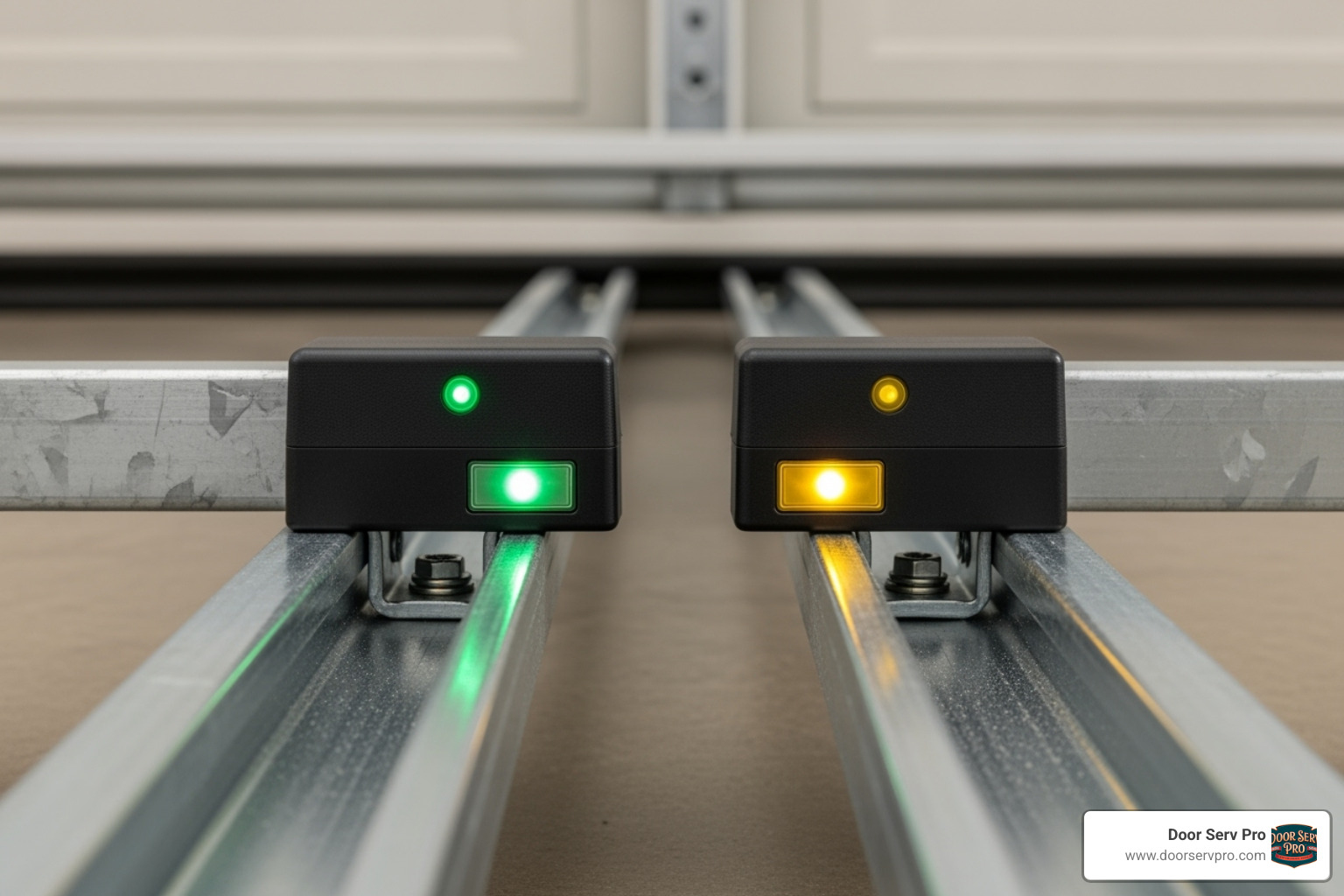 close-up on garage door safety sensors with indicator lights - garage door not closing