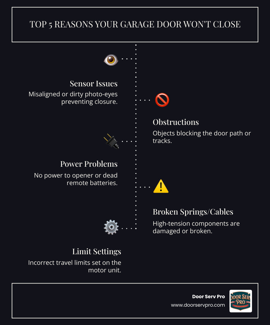 Infographic showing the top 5 reasons a garage door won't close: 1) Sensor issues with misaligned photo-eyes, 2) Obstructions in tracks or door path, 3) Power problems with remote or opener, 4) Broken springs or cables, 5) Incorrect limit switch settings on the motor unit - garage door not closing infographic infographic-line-5-steps-dark