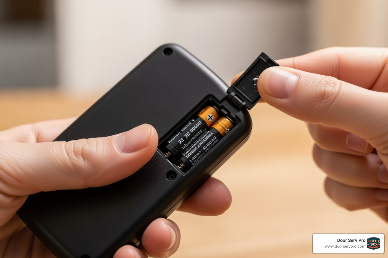 person checking the batteries in a garage door remote - garage door not closing