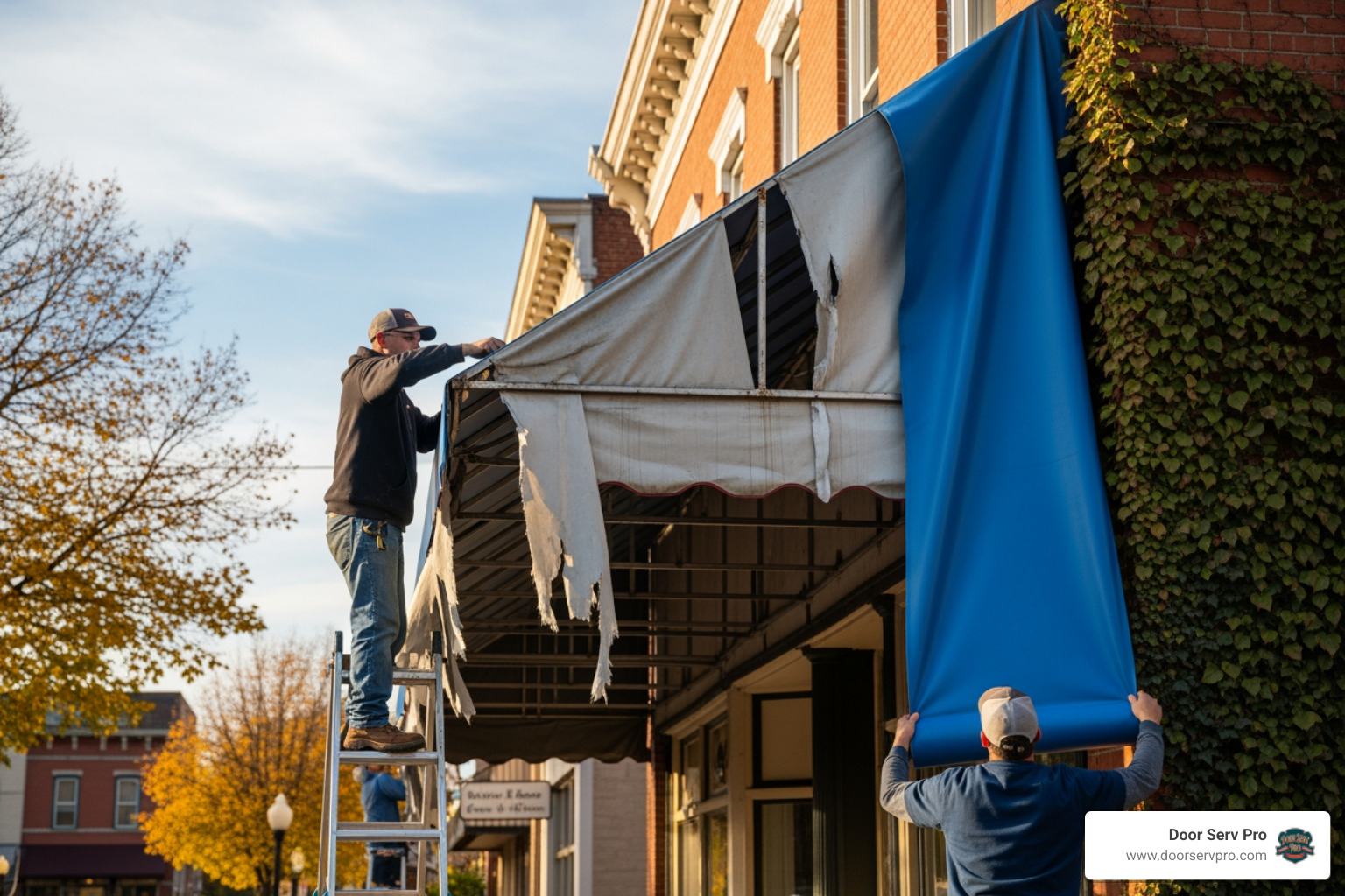 Infographic showing the key benefits of awning fabric replacement: 50-60% cost savings versus full replacement, 3-5 week custom production timeline, 5-10 year fabric warranties available, increased curb appeal and home value, protection from UV rays and weather damage, eco-friendly option that preserves existing frames - awning fabric replacement in hagerstown, md