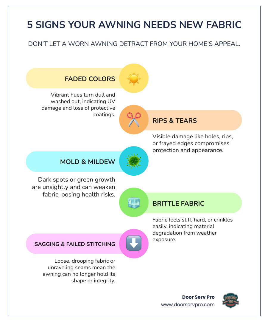 Infographic showing five key signs your awning needs fabric replacement: severe fading and discoloration, visible rips tears or holes, mold and mildew stains, brittle or cracking material, and loose sagging fabric with failed stitching - awning fabric replacement in chambersburg, pa infographic infographic-line-5-steps-colors