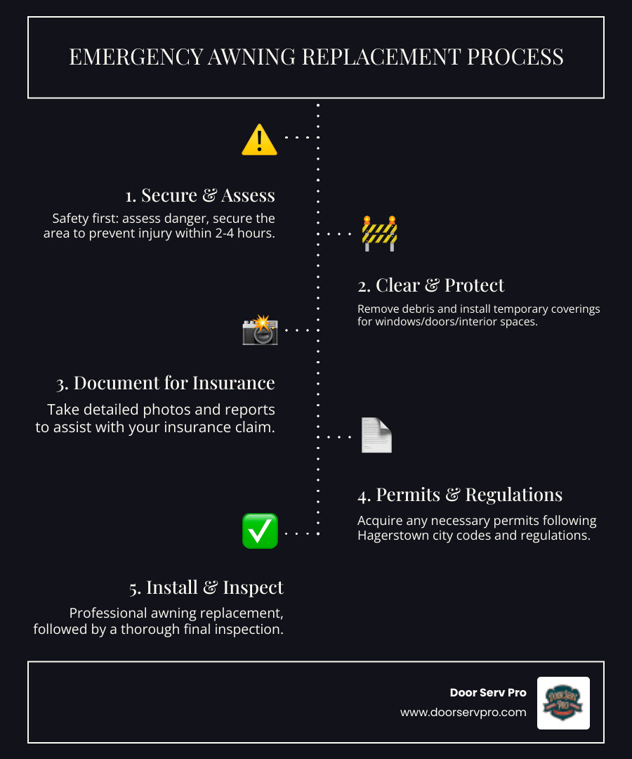 Infographic showing emergency awning replacement process: Step 1 - Safety assessment and area securing within 2-4 hours of contact; Step 2 - Debris removal and temporary protection installation; Step 3 - Insurance documentation with photos and detailed damage report; Step 4 - Permit acquisition if required by Hagerstown city codes; Step 5 - Professional awning replacement and final inspection - emergency awning replacement in hagerstown, md infographic infographic-line-5-steps-dark