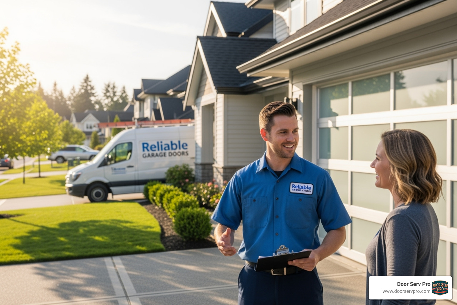 image of a friendly, professional technician in uniform speaking with a homeowner - garage door repair ashburn