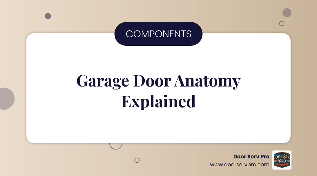 Infographic showing garage door anatomy with labeled components including torsion springs at the top, garage door opener motor and rail system, vertical tracks on both sides, horizontal tracks, rollers connecting door panels to tracks, cables running from springs to bottom brackets, weather seals along the bottom, and safety sensors at ground level on both sides of the door opening - garage door repair ashburn infographic simple-info-landscape-card