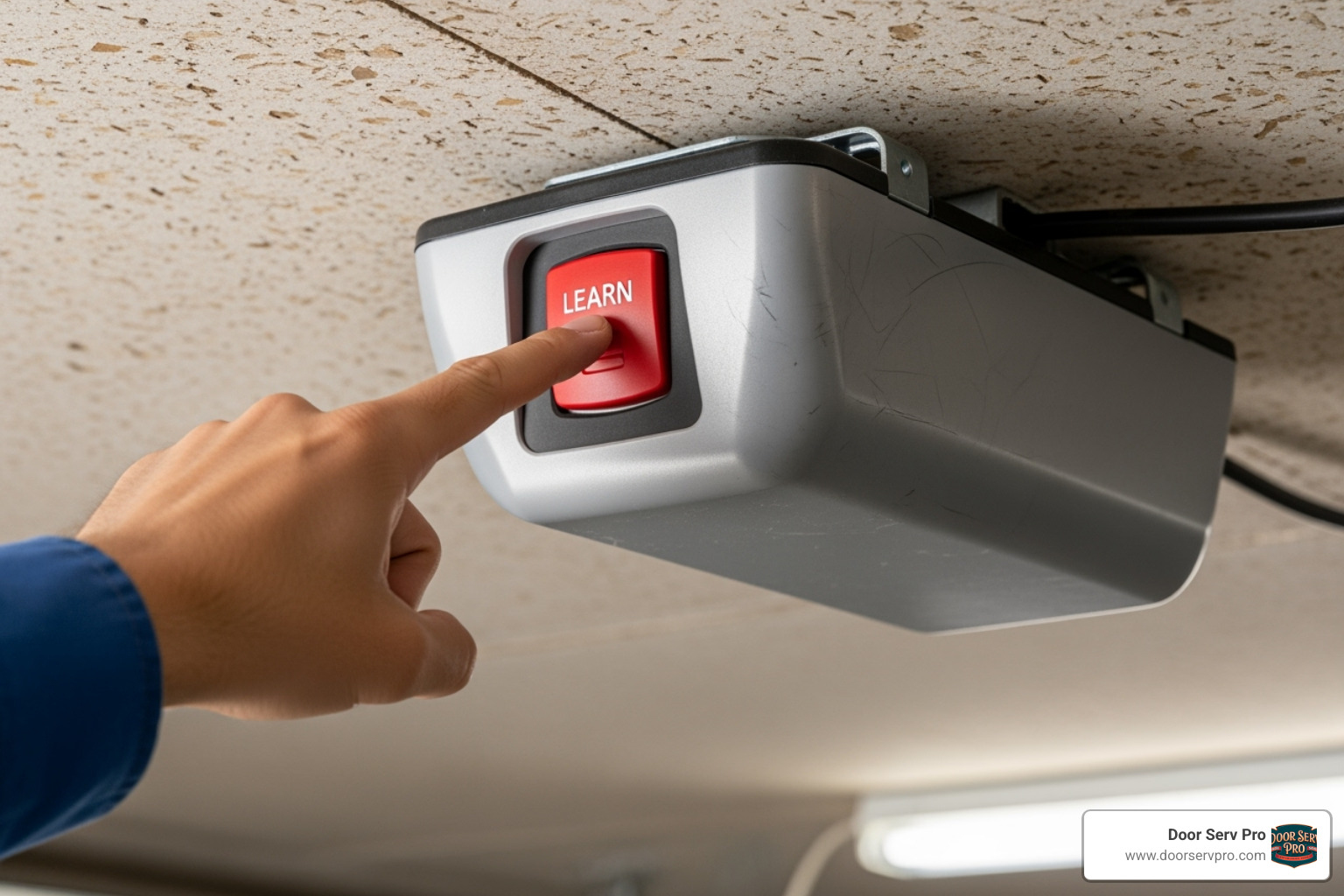 hand pointing to a 'Learn' button on a garage door opener - garage door remote replacement