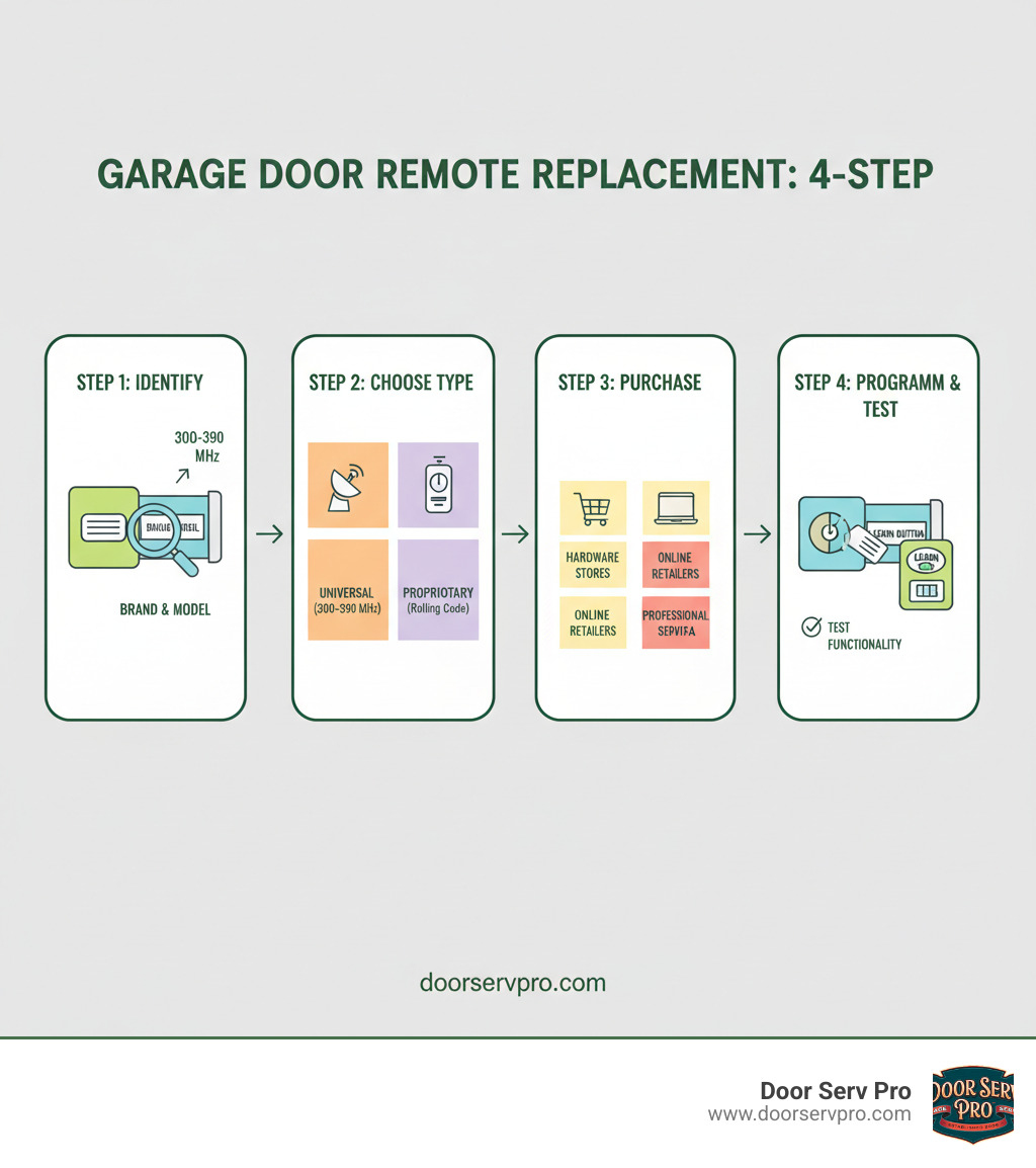 Infographic showing the 4-step garage door remote replacement process: Step 1 - Identify your garage door opener brand and model by checking the motor unit label, Step 2 - Choose between universal remotes (work with most brands, 300-390 MHz frequency) or proprietary remotes (brand-specific, rolling code technology), Step 3 - Purchase from hardware stores, online retailers, or professional services, Step 4 - Program using the Learn button on opener motor unit and test functionality - garage door remote replacement infographic 