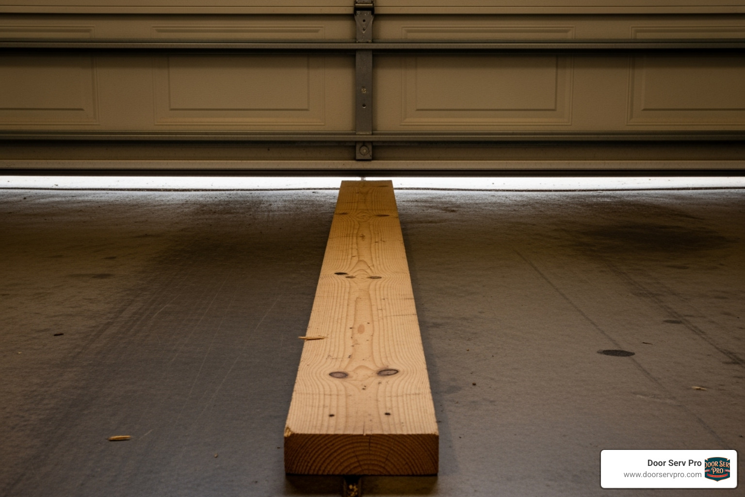 A 2x4 board being used to test the auto-reverse feature of a garage door - garage door tune-up