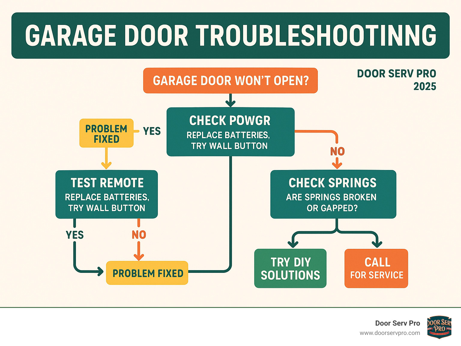 Garage door troubleshooting flowchart showing decision tree from power check through safety sensor alignment to spring inspection, with clear yes/no paths leading to either DIY solutions or professional service recommendations - garage door not opening infographic 