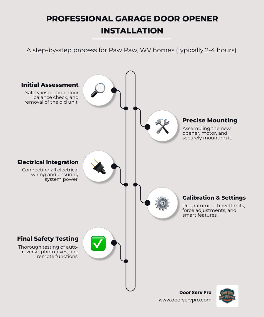Infographic showing the professional garage door opener installation process: 1) Initial safety inspection and removal of old unit, 2) Precise mounting and assembly of new opener, 3) Electrical connection and system integration, 4) Programming travel limits and force settings, 5) Testing auto-reverse safety features and photo-eye sensors, with average installation time of 2-4 hours - garage door opener installation in paw paw, wv infographic infographic-line-5-steps-elegant_beige Infographic showing the professional garage door opener installation process: 1) Initial safety inspection and removal of old unit, 2) Precise mounting and assembly of new opener, 3) Electrical connection and system integration, 4) Programming travel limits and force settings, 5) Testing auto-reverse safety features and photo-eye sensors, with average installation time of 2-4 hours - garage door opener installation in paw paw, wv infographic infographic-line-5-steps-elegant_beige