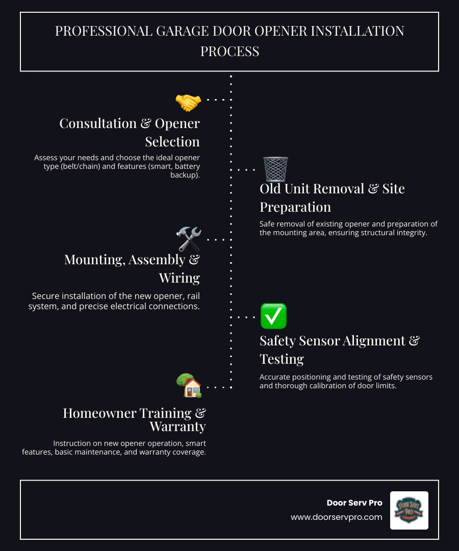 Infographic showing the garage door opener installation process: initial consultation and opener selection, removal of old unit if applicable, professional mounting and assembly, electrical connection and safety sensor installation, testing and adjustment, homeowner training on operation and smart features, with typical timeframe of 2-6 hours and includes warranty coverage - garage door opener installation in hagerstown, md infographic infographic-line-5-steps-dark