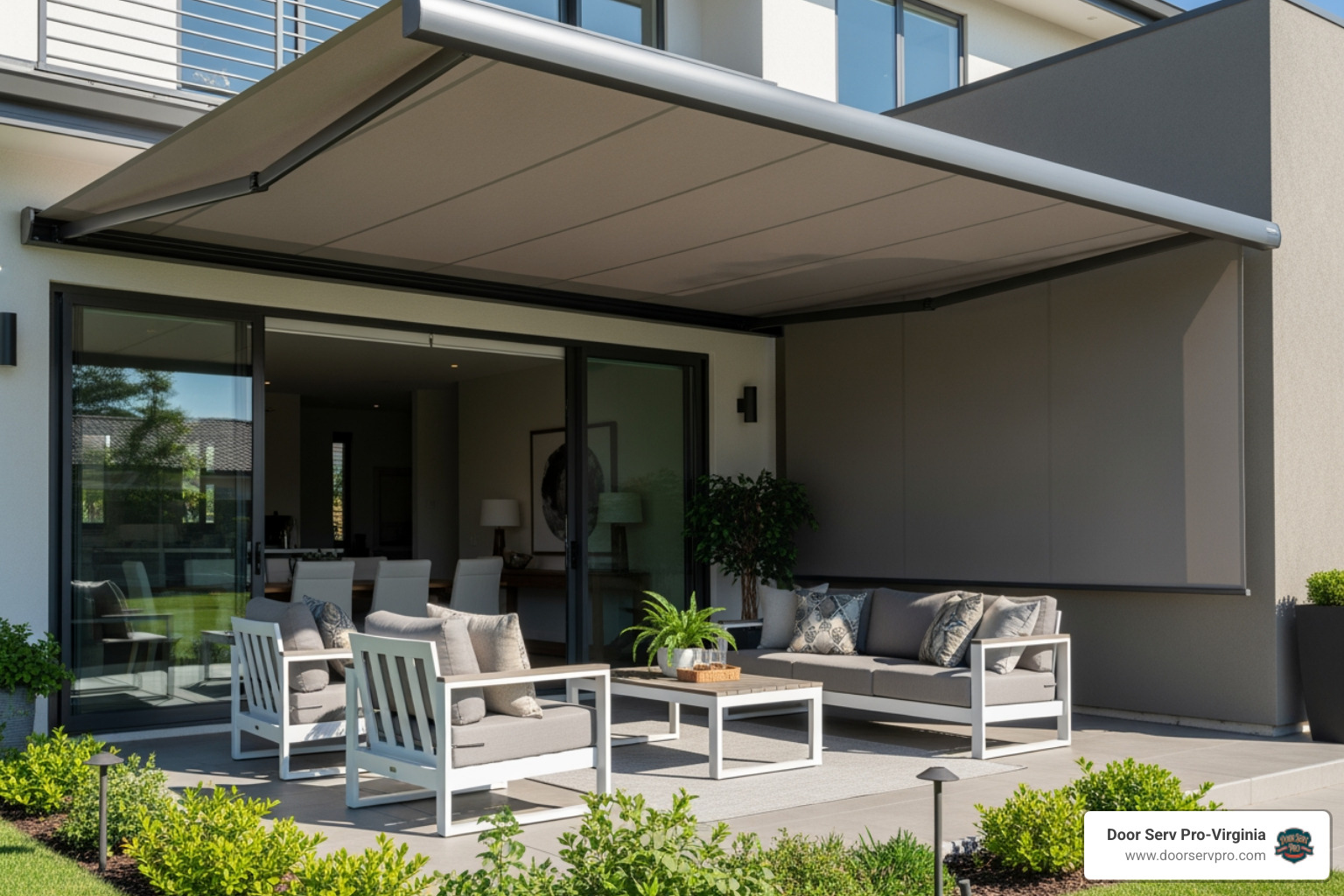 infographic showing key benefits of awnings including energy savings up to 40%, UV protection for furniture and flooring, expanded outdoor living space, enhanced curb appeal, and weather protection from sun and rain - awning company in ashburn va