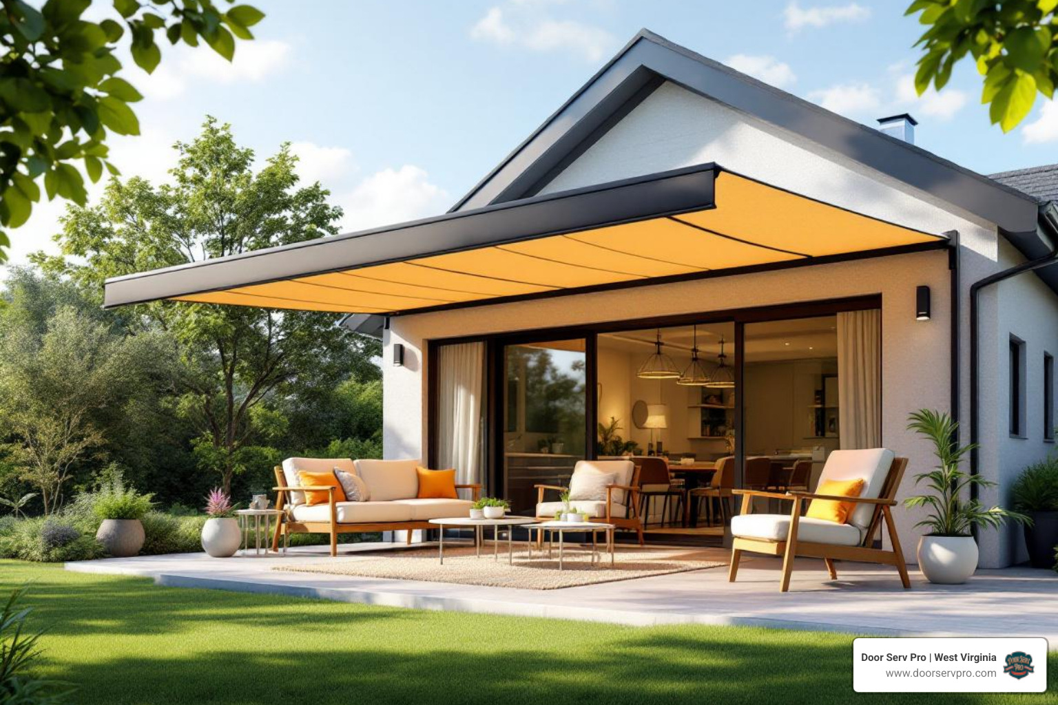 infographic showing benefits of awnings: UV protection, energy savings, weather shelter, increased curb appeal, extended outdoor living space, and typical lifespan by material type - awning company in falling waters wv