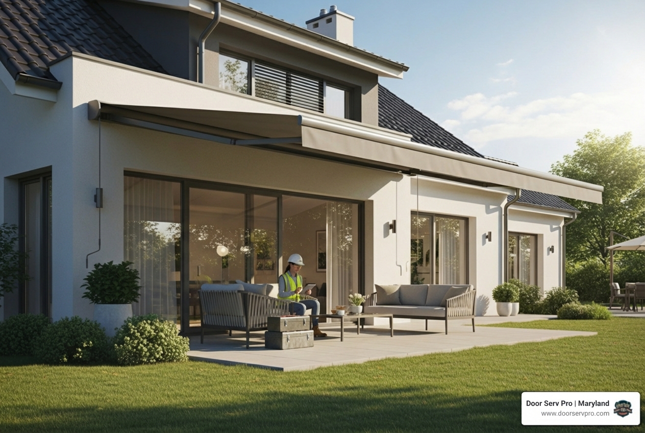 Infographic showing the five key benefits of professional awning installation: 1) Energy savings by reducing indoor temperatures up to 15 degrees, 2) UV protection preserving interior furnishings, 3) Expanded outdoor living space for patios and decks, 4) Increased property value and curb appeal, 5) Weather protection from sun, rain, and harsh elements - awning installation in frederick md