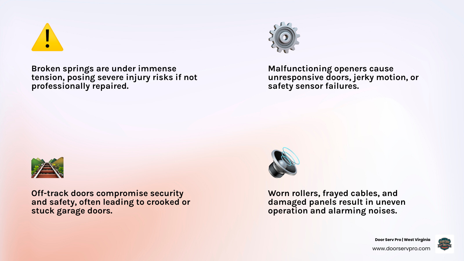 Infographic showing the main components of an overhead garage door system including springs, cables, tracks, rollers, panels, opener, and safety sensors, with labels indicating common failure points for each component - overhead garage door repair in ranson wv infographic 4_facts_emoji_light-gradient