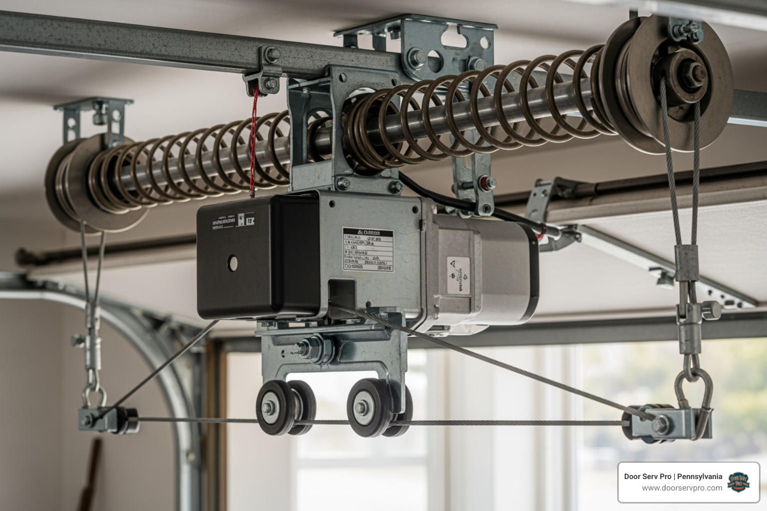 Infographic detailing key components of a residential garage door system including springs, cables, opener, tracks, and rollers, with labels and brief descriptions of their function in maintaining garage door operation and safety - garage door repair in chambersburg pa