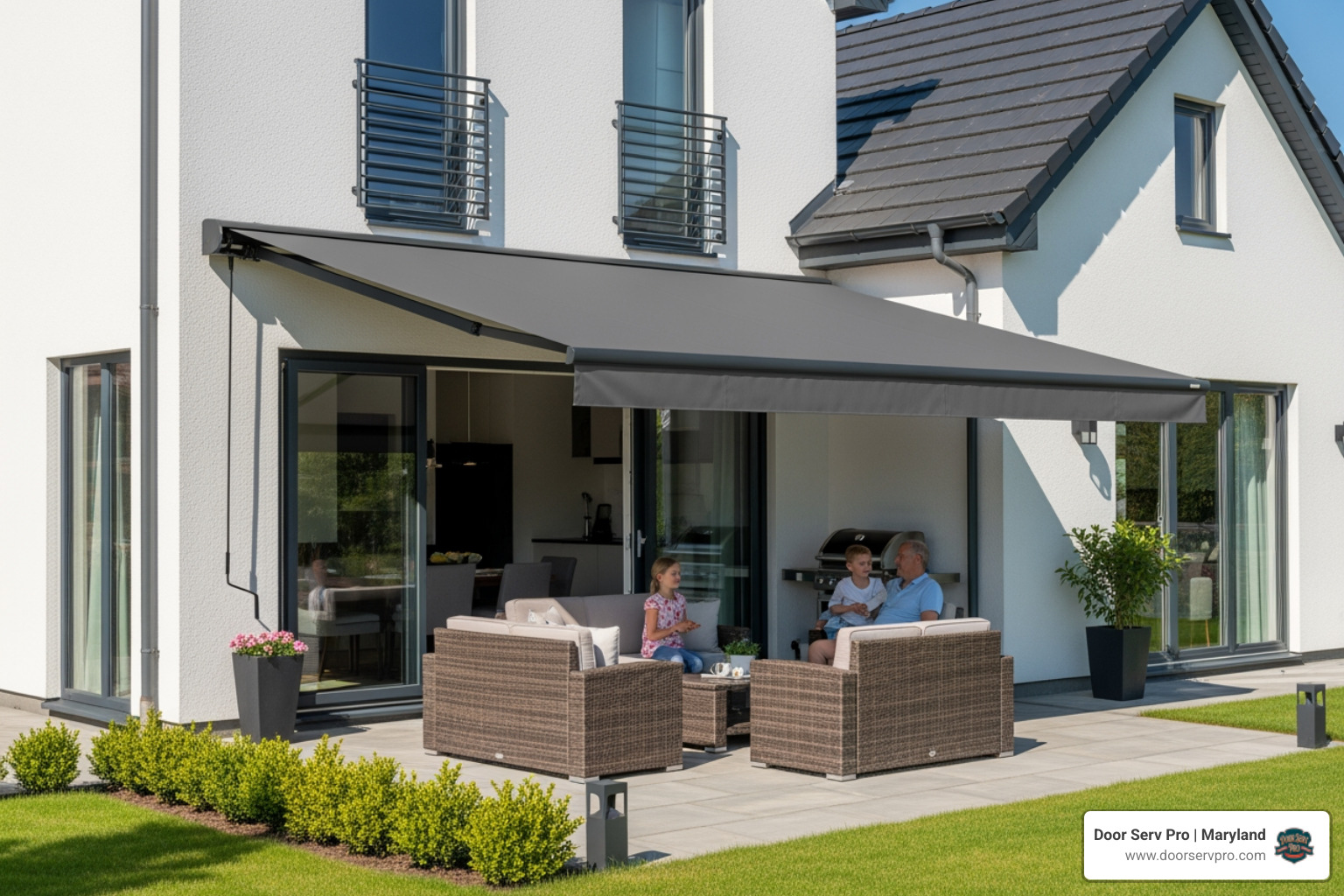 Infographic showing the top 5 reasons to install a retractable awning in Thurmont MD: number 1 shows a house with arrows indicating up to 40% cooling cost reduction, number 2 depicts a protected patio furniture set with UV shield icon, number 3 illustrates expandable outdoor living space with family gathering, number 4 shows increasing property value with upward arrow and home icon, and number 5 displays weather protection symbols including sun rain and snow with retractable awning coverage - awning installation in thurmont md