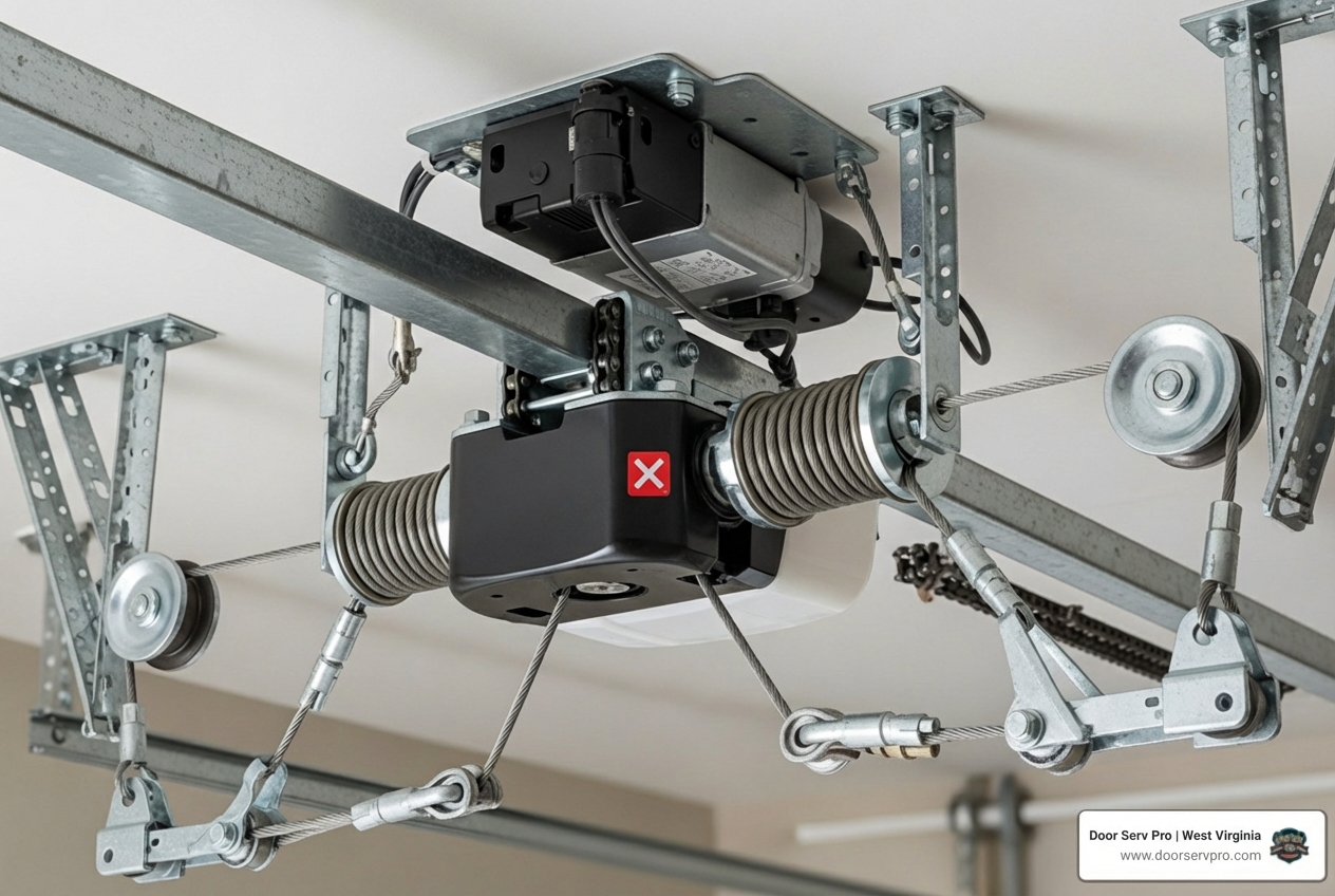 Infographic showing garage door system components including torsion springs at the top, cable drums on each side, vertical tracks, horizontal tracks leading to the opener motor on the ceiling, safety sensors at the base, and sectional door panels with weatherstripping at the bottom - garage door service contractor in hedgesville, wv