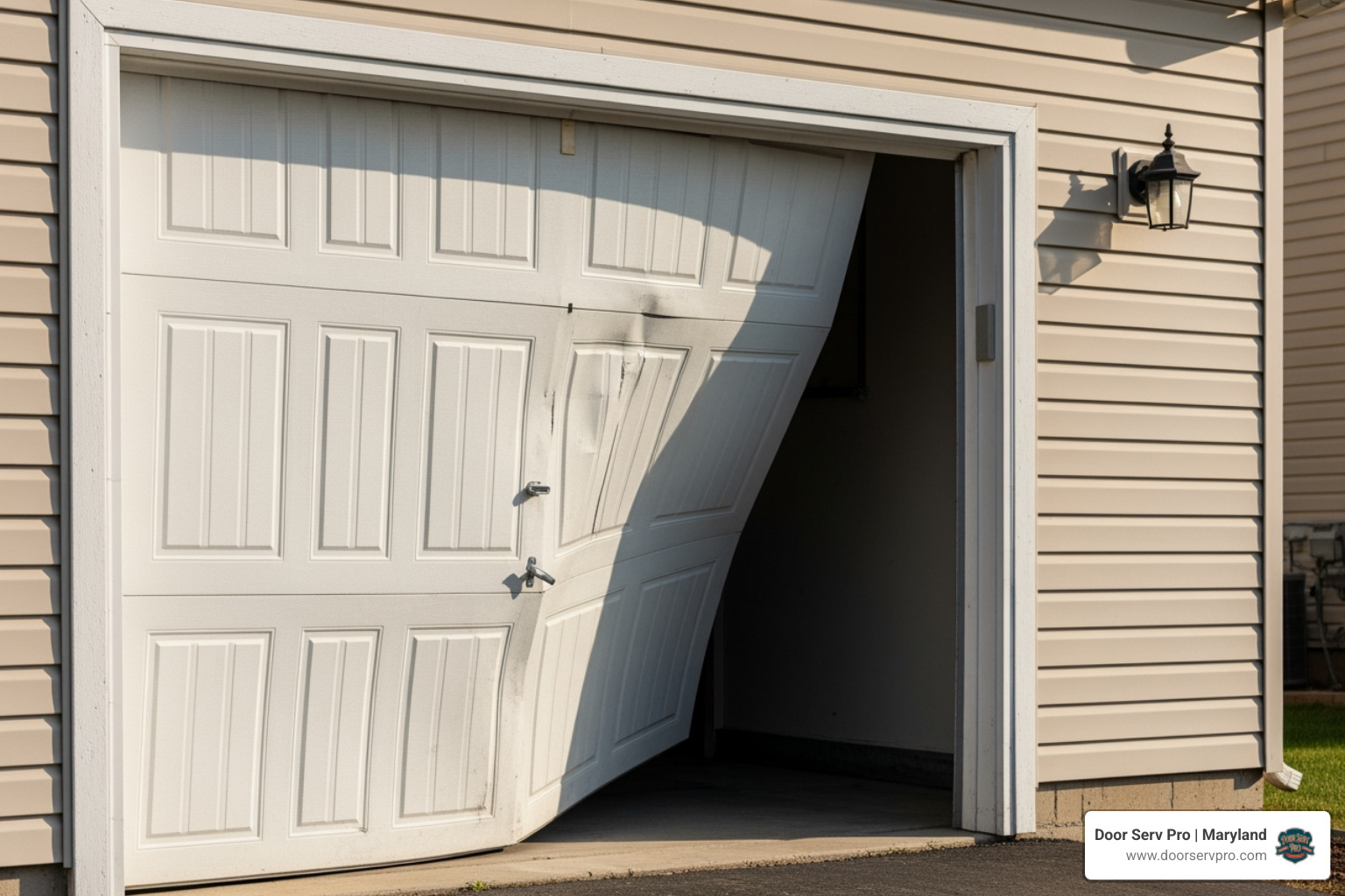 Infographic showing common overhead garage door problems in Frederick MD including broken springs causing loud bangs and door failure, frayed cables leading to uneven lifting, off-track rollers causing jamming, malfunctioning openers with sensor issues, and when to call for emergency repair versus routine maintenance - overhead garage door repair in frederick md
