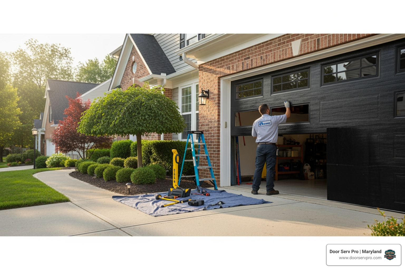 Infographic showing the anatomy of a residential garage door system with labeled components including torsion springs at the top center, lift cables running along the sides, horizontal tracks guiding the door panels, rubber weather seal at the bottom, safety sensors near the floor on each side, and a garage door opener motor unit mounted on the ceiling with a rail connecting to the door - garage door service in frederick md