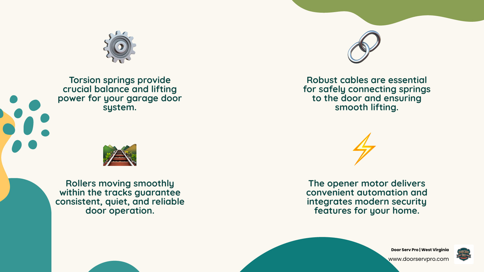 Infographic showing the anatomy of a residential garage door system, including labeled components: torsion springs at the top, vertical tracks on each side, horizontal tracks along the ceiling, cable drums and lift cables, bottom rollers, hinges connecting door panels, weather stripping along the bottom, and a garage door opener motor mounted to the ceiling with a drive mechanism connecting to the door - affordable garage door service in hedgesville, wv infographic 4_facts_emoji_nature