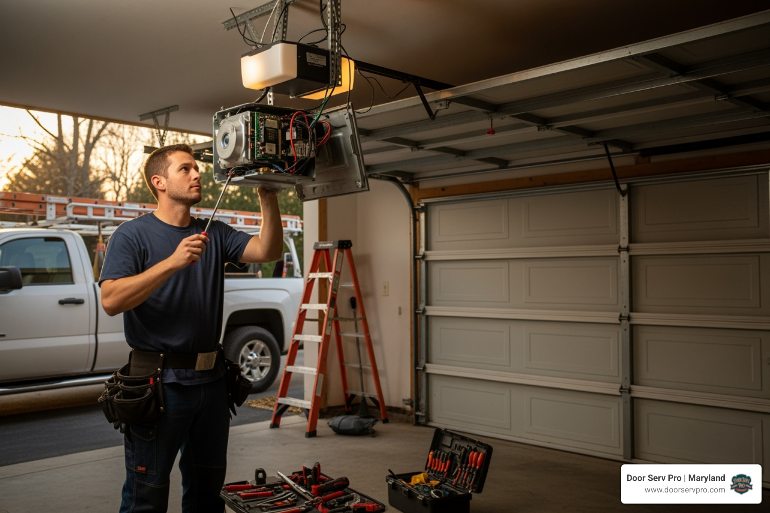 Infographic showing the five key resources for garage door opener repair in Frederick MD: 1) Warning signs to watch for including grinding noises, inconsistent operation, and flashing lights; 2) DIY troubleshooting checklist with power checks, sensor cleaning, and remote battery replacement; 3) Common problems requiring professional help such as worn gears, faulty logic boards, and broken drive components; 4) Tips for choosing a repair company including verifying local experience, licensing, insurance, and emergency availability; 5) Preventative maintenance benefits like lubrication, safety testing, and scheduled inspections to extend opener lifespan - garage door opener repair in frederick md