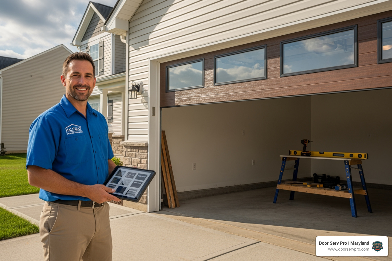 Infographic showing the key benefits of garage door replacement: Enhanced Safety with modern sensors and balanced springs, Improved Energy Efficiency through better insulation reducing heating and cooling costs, Increased Home Value with high ROI on investment, and Better Aesthetics with customizable styles that boost curb appeal - garage door replacement contractors in halfway, md