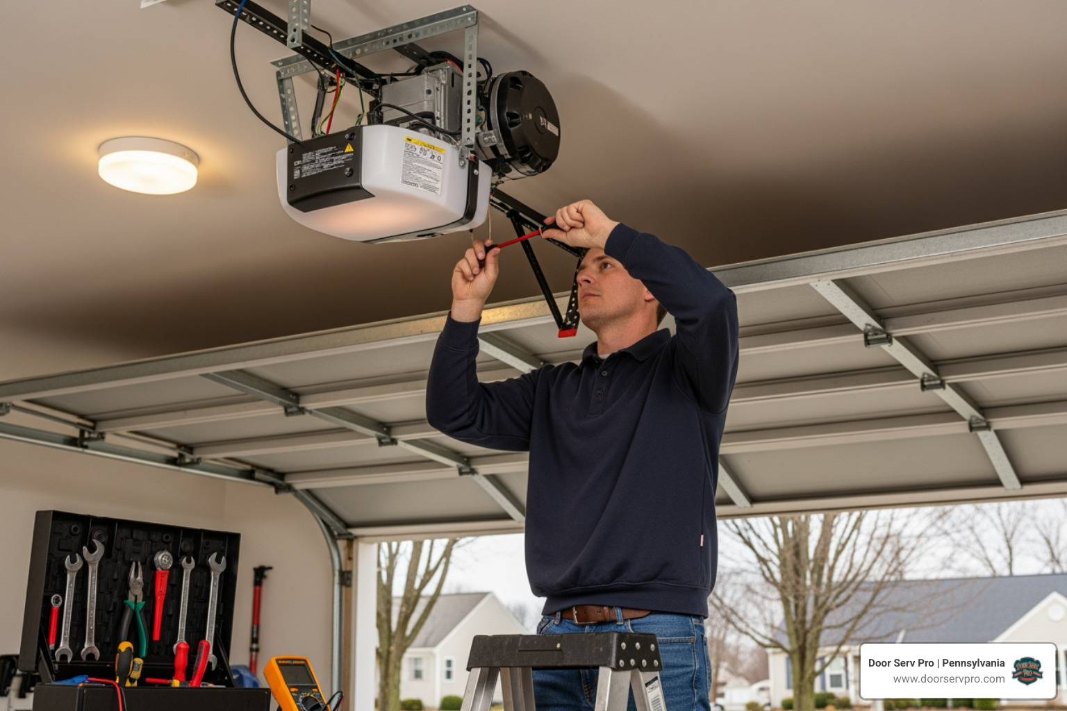 Infographic showing the main components of a garage door opener system including the motor unit mounted on ceiling, trolley arm connecting to door, drive mechanism options of belt chain or screw, safety photo-eye sensors on either side of door opening near floor, and wireless remote control with keypad entry system - garage door opener repair in greencastle pa