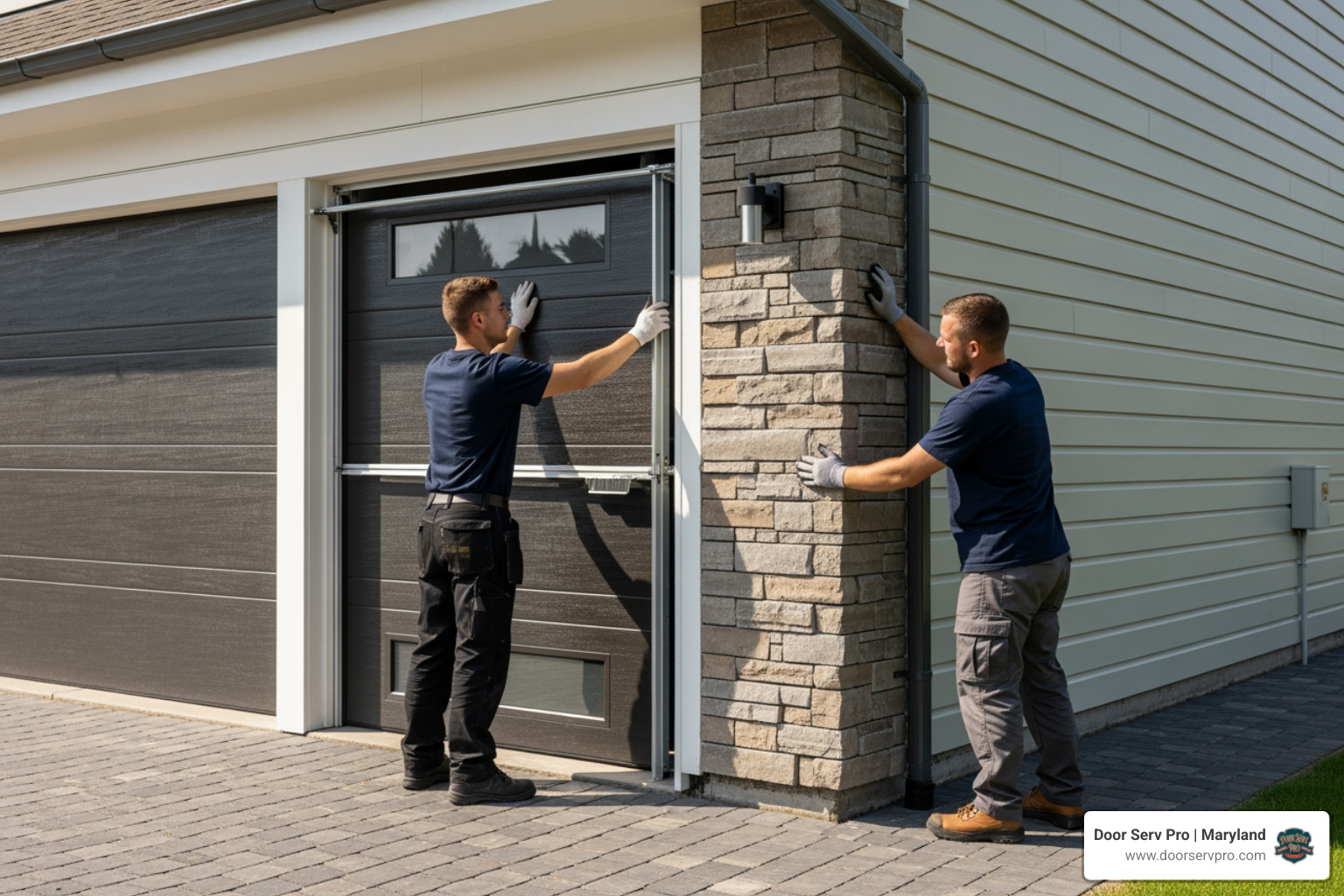 Infographic showing the complete garage door replacement journey: Initial consultation and door selection, professional removal of old door, expert installation of new door system including tracks and panels, opener integration and safety testing, final inspection and homeowner walkthrough - garage door replacement in halfway md
