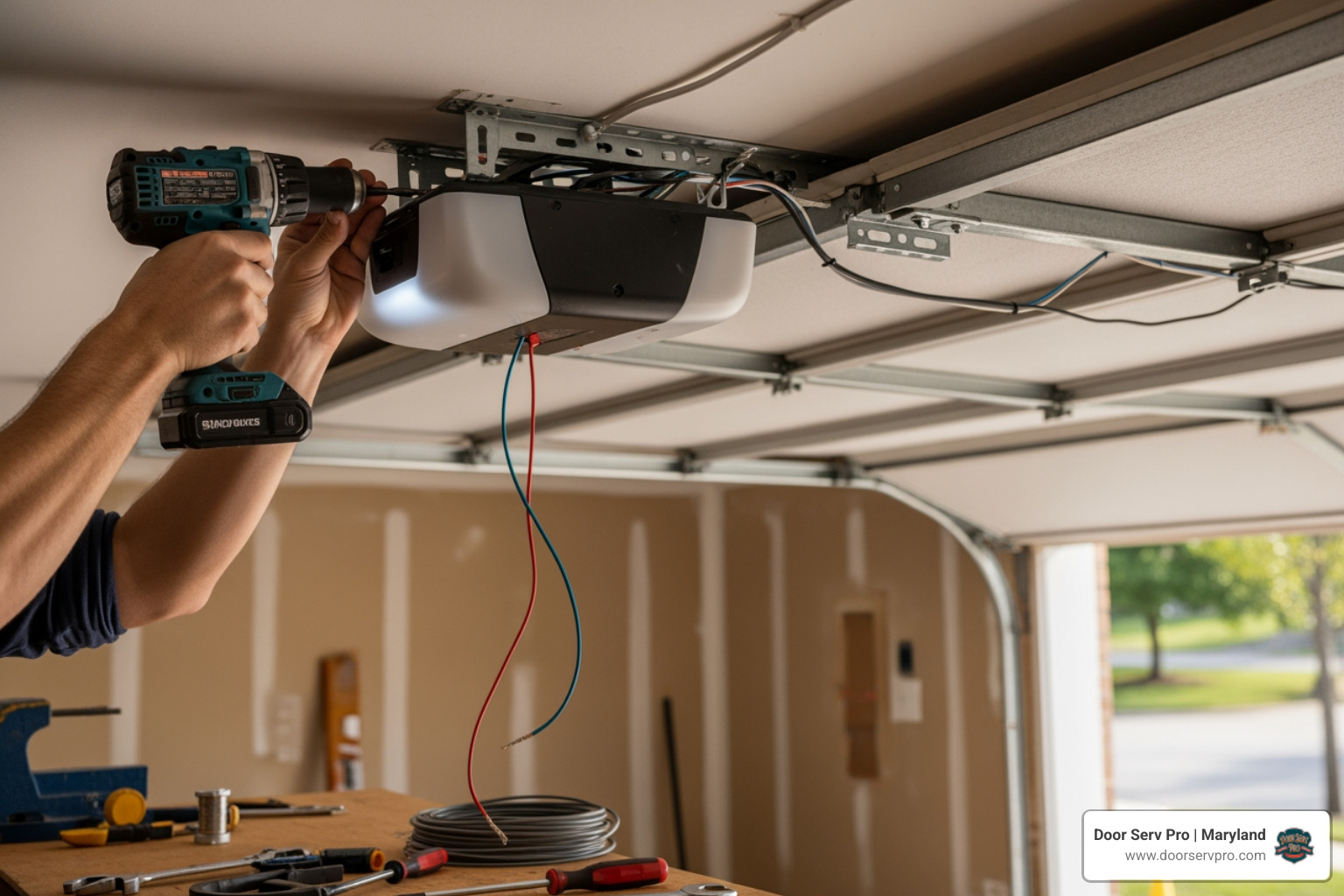 Infographic showing the key benefits of professional garage door opener installation: enhanced security with rolling code technology and automatic sensors, smart home integration for remote access and alerts, quiet operation with modern belt drive systems, battery backup for power outages, and increased home value - garage door opener installation in clear spring md