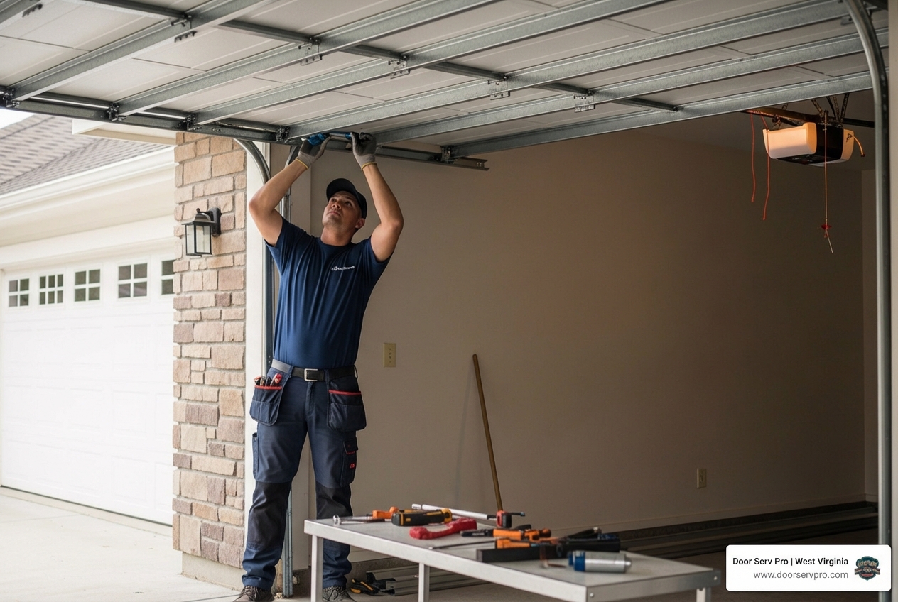 Infographic showing the garage door installation process: consultation and selection, removal of old door, frame and opening inspection, track installation and alignment, panel assembly and installation, spring system tensioning, garage door opener installation, safety sensor testing, final walkthrough and cleanup - garage door installation in shepherdstown wv