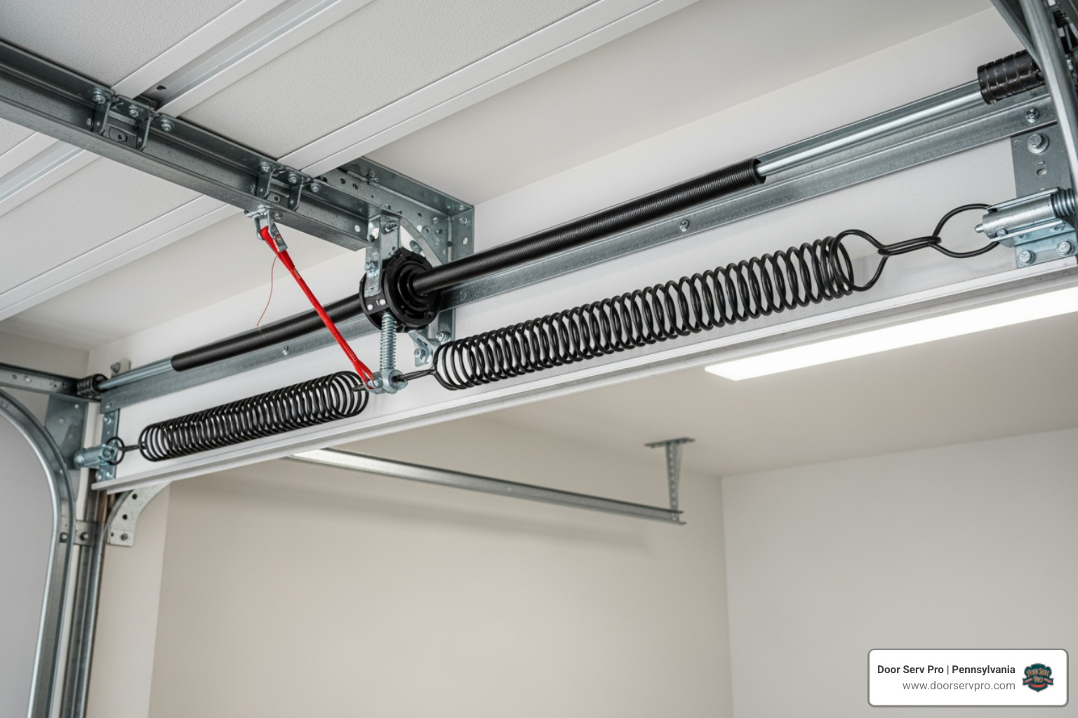Infographic showing how garage door springs work: torsion springs mounted above the door twist to store energy and lift the door weight, while extension springs stretch along the tracks. Both are under extreme tension and require professional tools and training to replace safely. Common signs of spring failure include a loud bang, uneven door movement, and difficulty lifting manually. - garage door spring repair in waynesboro pa