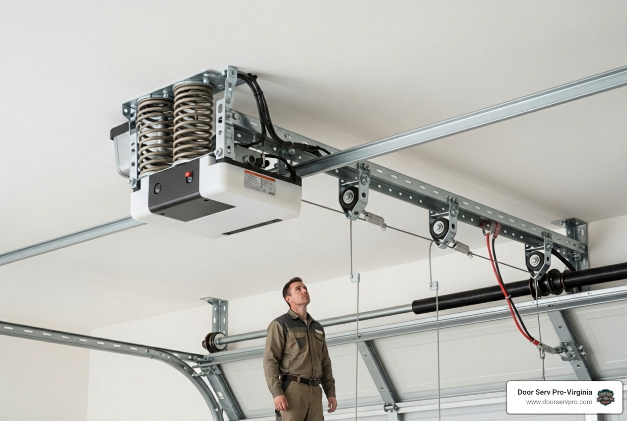 infographic showing the main components of an overhead garage door system including springs, cables, rollers, tracks, panels, and opener - overhead garage door repair in front royal va infographic showing the main components of an overhead garage door system including springs, cables, rollers, tracks, panels, and opener - overhead garage door repair in front royal va