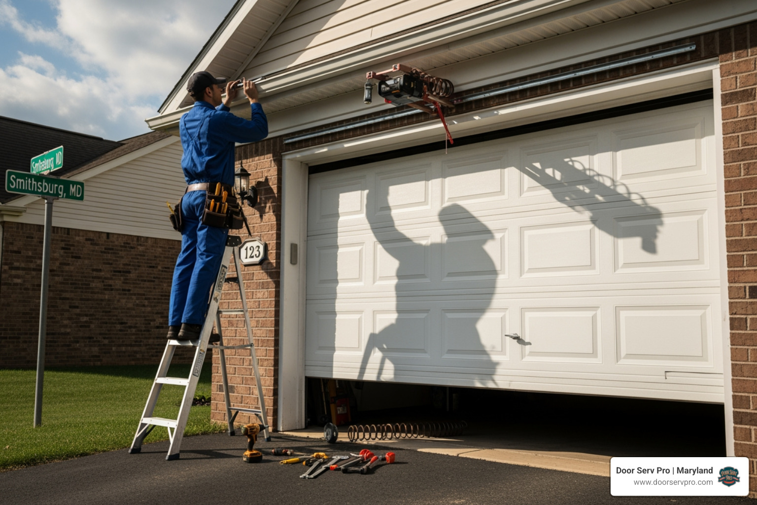 Infographic showing the anatomy of an overhead garage door system including torsion springs, extension springs, tracks, rollers, cables, opener motor, safety sensors, and panels, with labels indicating common failure points for each component - overhead garage door repair in smithsburg md Infographic showing the anatomy of an overhead garage door system including torsion springs, extension springs, tracks, rollers, cables, opener motor, safety sensors, and panels, with labels indicating common failure points for each component - overhead garage door repair in smithsburg md