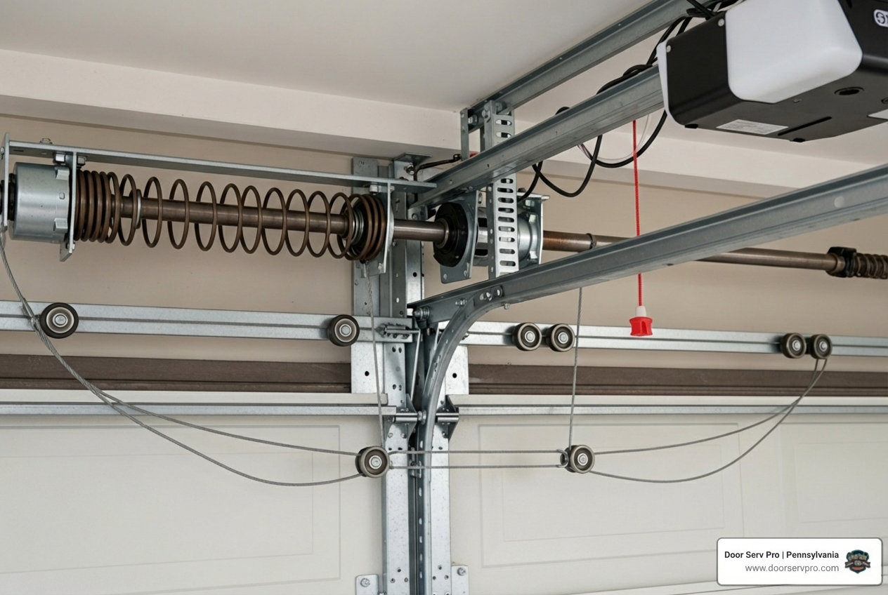 infographic showing the main components of a garage door system including springs, cables, tracks, rollers, opener motor, safety sensors, and panels with labels - garage door service in chambersburg pa