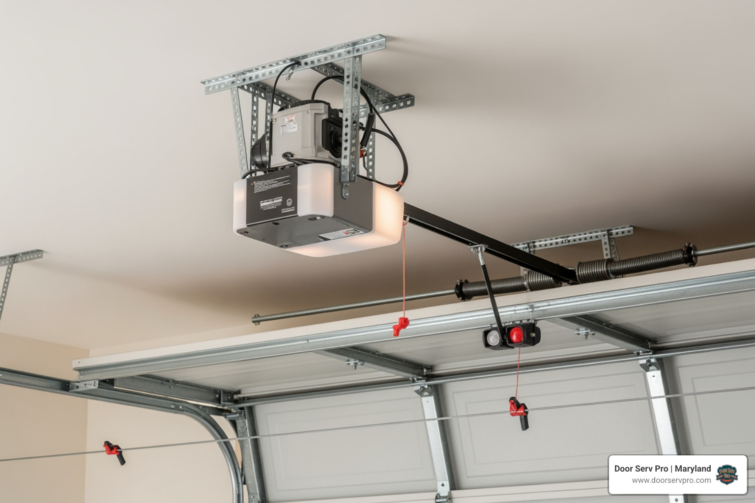 Infographic showing the main components of an overhead garage door system including torsion springs mounted above the door, extension springs along the tracks, the garage door opener motor unit mounted to the ceiling, steel cables running along both sides, roller wheels in the tracks, and safety sensors at the bottom - overhead garage door repair in clear spring md Infographic showing the main components of an overhead garage door system including torsion springs mounted above the door, extension springs along the tracks, the garage door opener motor unit mounted to the ceiling, steel cables running along both sides, roller wheels in the tracks, and safety sensors at the bottom - overhead garage door repair in clear spring md