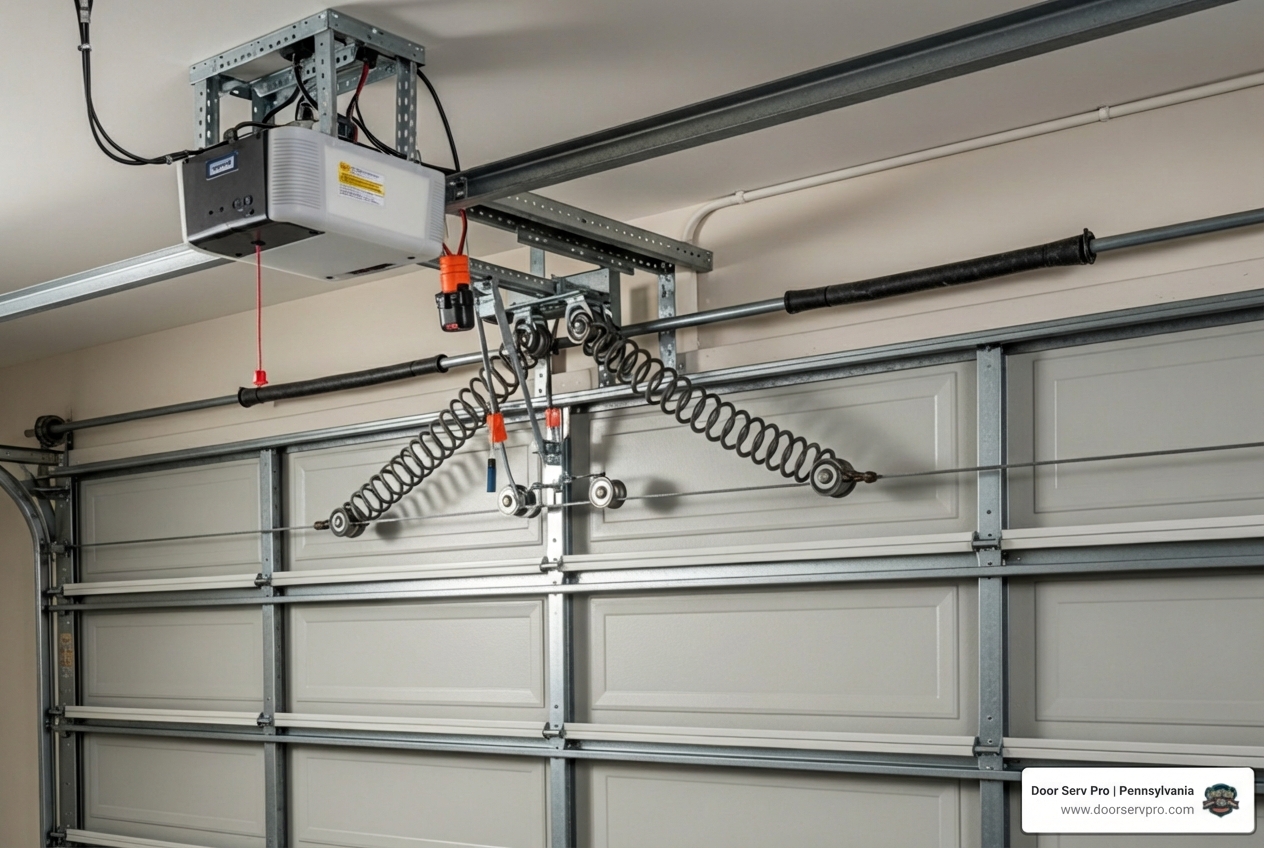 infographic showing key components of a garage door system including springs, cables, rollers, tracks, panels, weather stripping, and opener with safety sensors - garage door service in waynesboro pa infographic showing key components of a garage door system including springs, cables, rollers, tracks, panels, weather stripping, and opener with safety sensors - garage door service in waynesboro pa