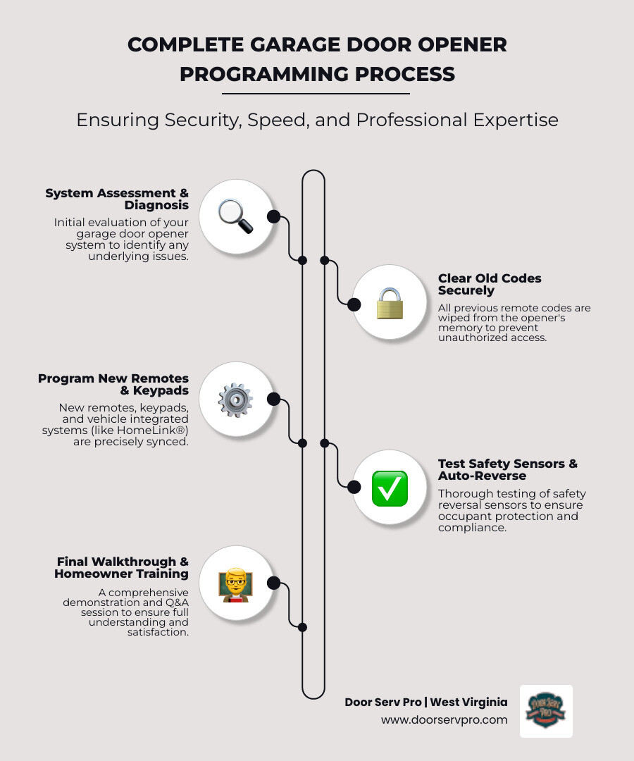 Infographic showing the complete garage door opener programming process: 1) Initial system assessment and diagnosis, 2) Clearing old remote codes from opener memory, 3) Programming new remotes and keypads, 4) Testing safety sensors and auto-reverse function, 5) Final walkthrough and homeowner training, with icons representing security, speed, and professional expertise - local garage door opener programming company in great cacapon, wv infographic infographic-line-5-steps-elegant_beige Infographic showing the complete garage door opener programming process: 1) Initial system assessment and diagnosis, 2) Clearing old remote codes from opener memory, 3) Programming new remotes and keypads, 4) Testing safety sensors and auto-reverse function, 5) Final walkthrough and homeowner training, with icons representing security, speed, and professional expertise - local garage door opener programming company in great cacapon, wv infographic infographic-line-5-steps-elegant_beige