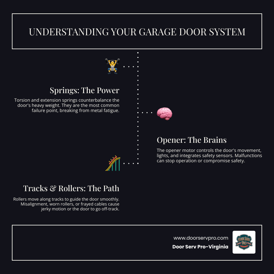 Infographic showing the main components of an overhead garage door system including torsion springs, extension springs, cables, rollers, tracks, opener motor, safety sensors, and door panels with labels indicating common failure points - overhead garage door repair in ashburn va infographic infographic-line-3-steps-dark