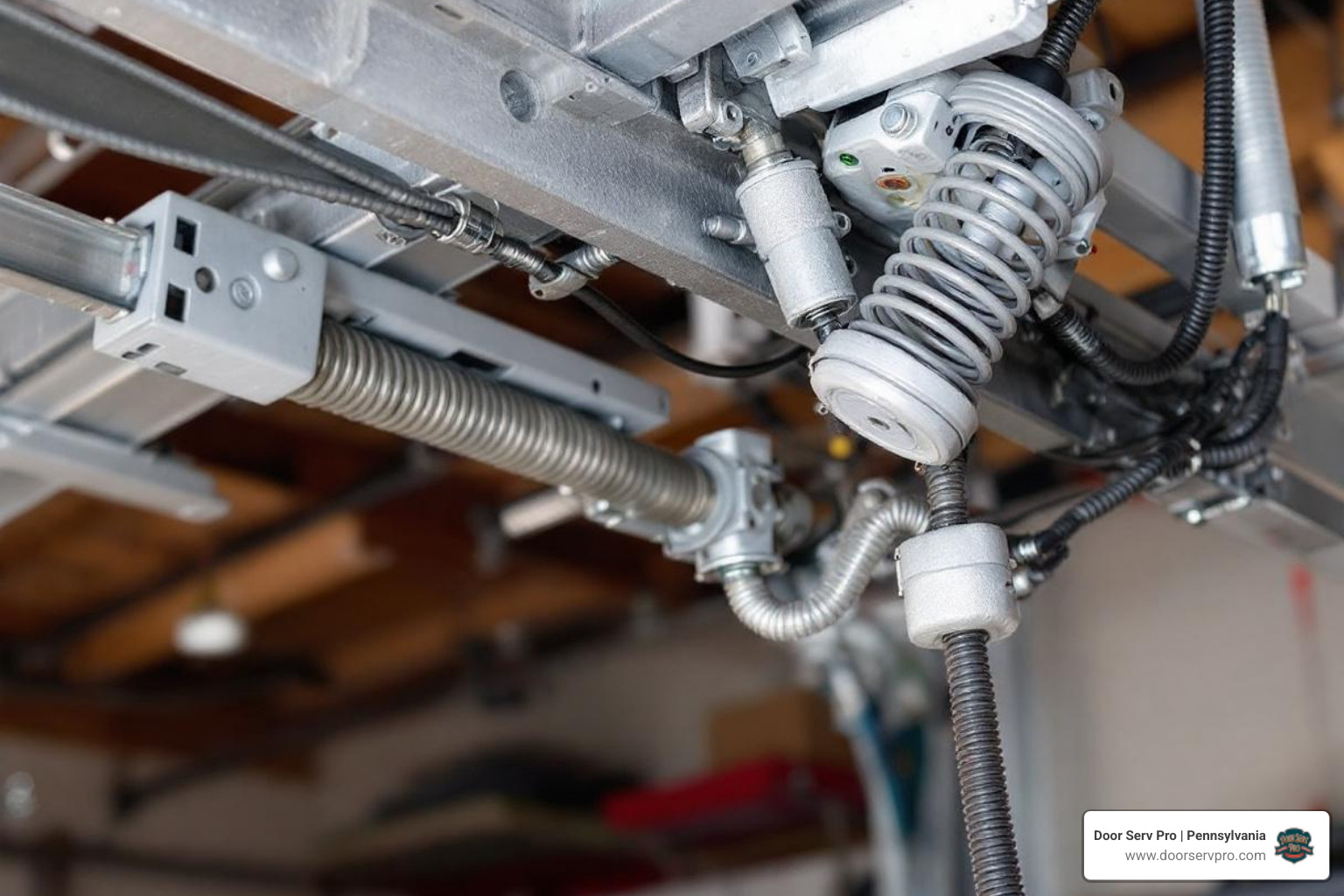 infographic showing garage door system components including springs, cables, rollers, tracks, panels, opener motor, and safety sensors with labels - garage door service in greencastle pa