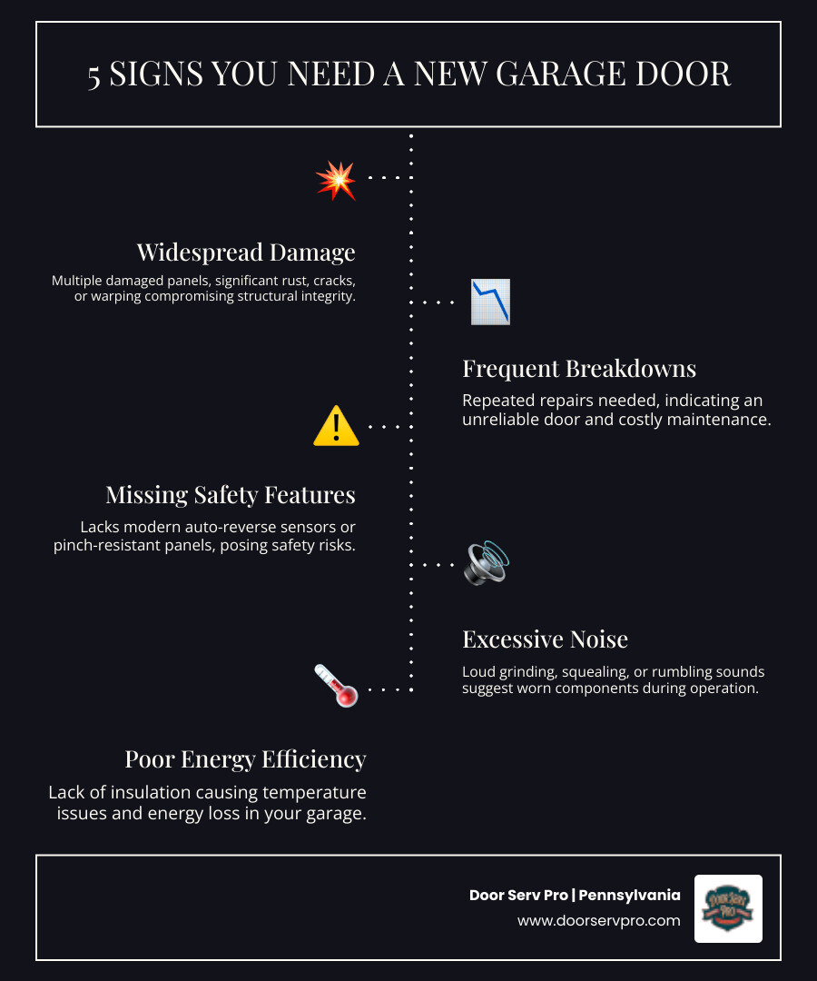 Infographic showing the top 5 signs you need a new garage door: 1. Widespread damage to multiple panels or sections, 2. Frequent breakdowns requiring repeated repairs, 3. Missing modern safety features like auto-reverse sensors, 4. Excessive noise during operation indicating worn components, 5. Poor insulation causing energy loss and temperature issues in your garage - garage door replacement in chambersburg pa infographic infographic-line-5-steps-dark