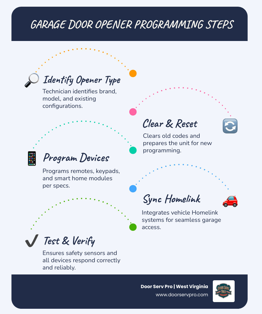 Infographic showing the garage door opener programming process: Step 1 - Technician identifies opener brand and model; Step 2 - Clears existing codes if needed; Step 3 - Programs remotes and keypads using manufacturer sequence; Step 4 - Syncs vehicle Homelink systems; Step 5 - Tests safety sensors and auto-reverse; Step 6 - Verifies all devices respond correctly - garage door opener programming contractor in charles town, wv infographic infographic-line-5-steps-blues-accent_colors