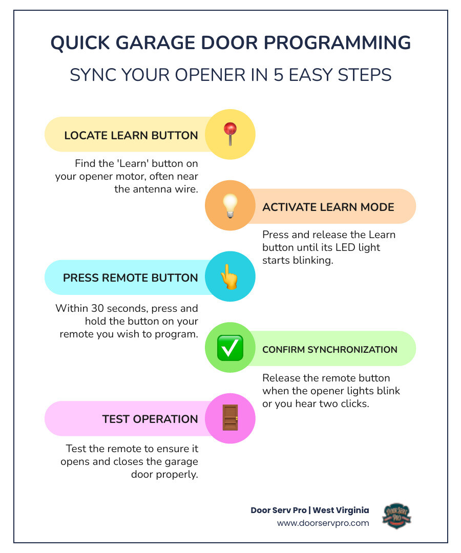 Infographic showing the step-by-step process of garage door opener programming, including locating the learn button on the motor unit, pressing the learn button until LED blinks, pressing the remote button within 30 seconds, and testing the programmed remote with visual indicators for each step - garage door opener programming in inwood wv infographic infographic-line-5-steps-colors Infographic showing the step-by-step process of garage door opener programming, including locating the learn button on the motor unit, pressing the learn button until LED blinks, pressing the remote button within 30 seconds, and testing the programmed remote with visual indicators for each step - garage door opener programming in inwood wv infographic infographic-line-5-steps-colors