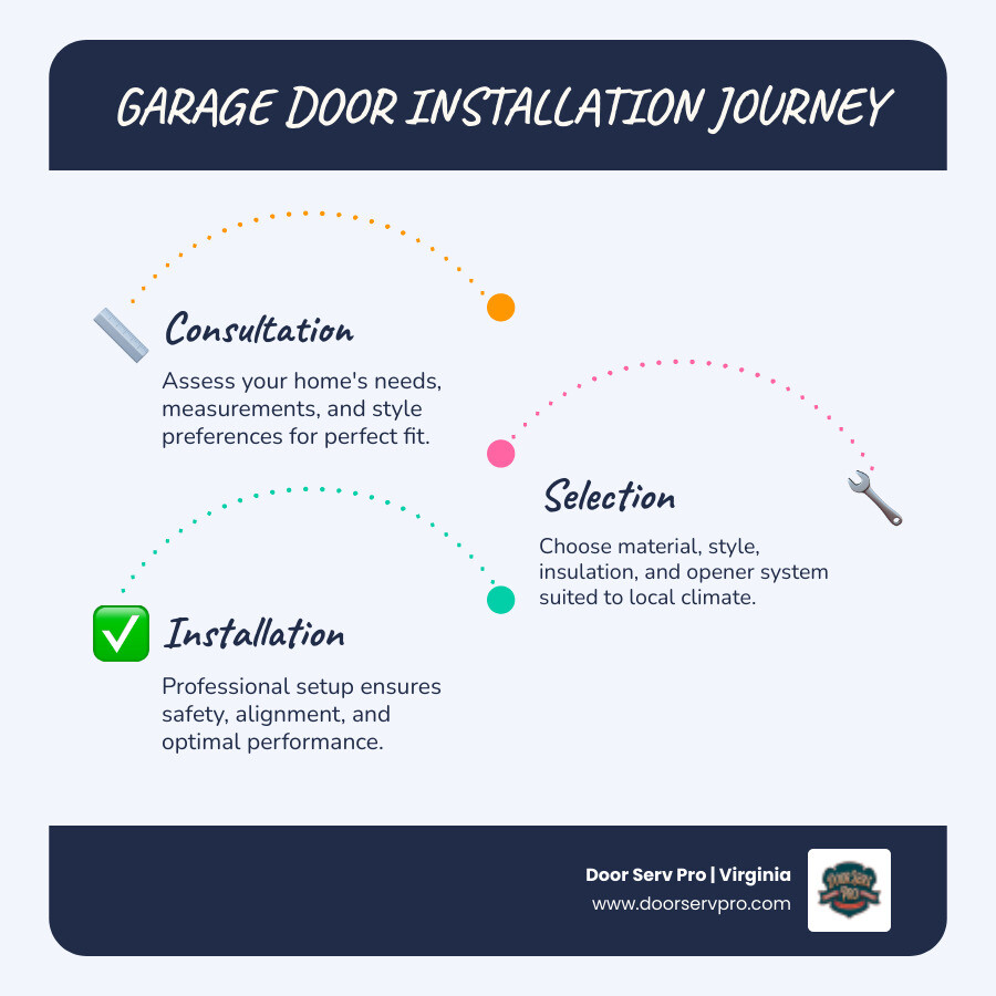 Infographic showing the garage door installation journey from consultation to completion in McLean VA - garage door