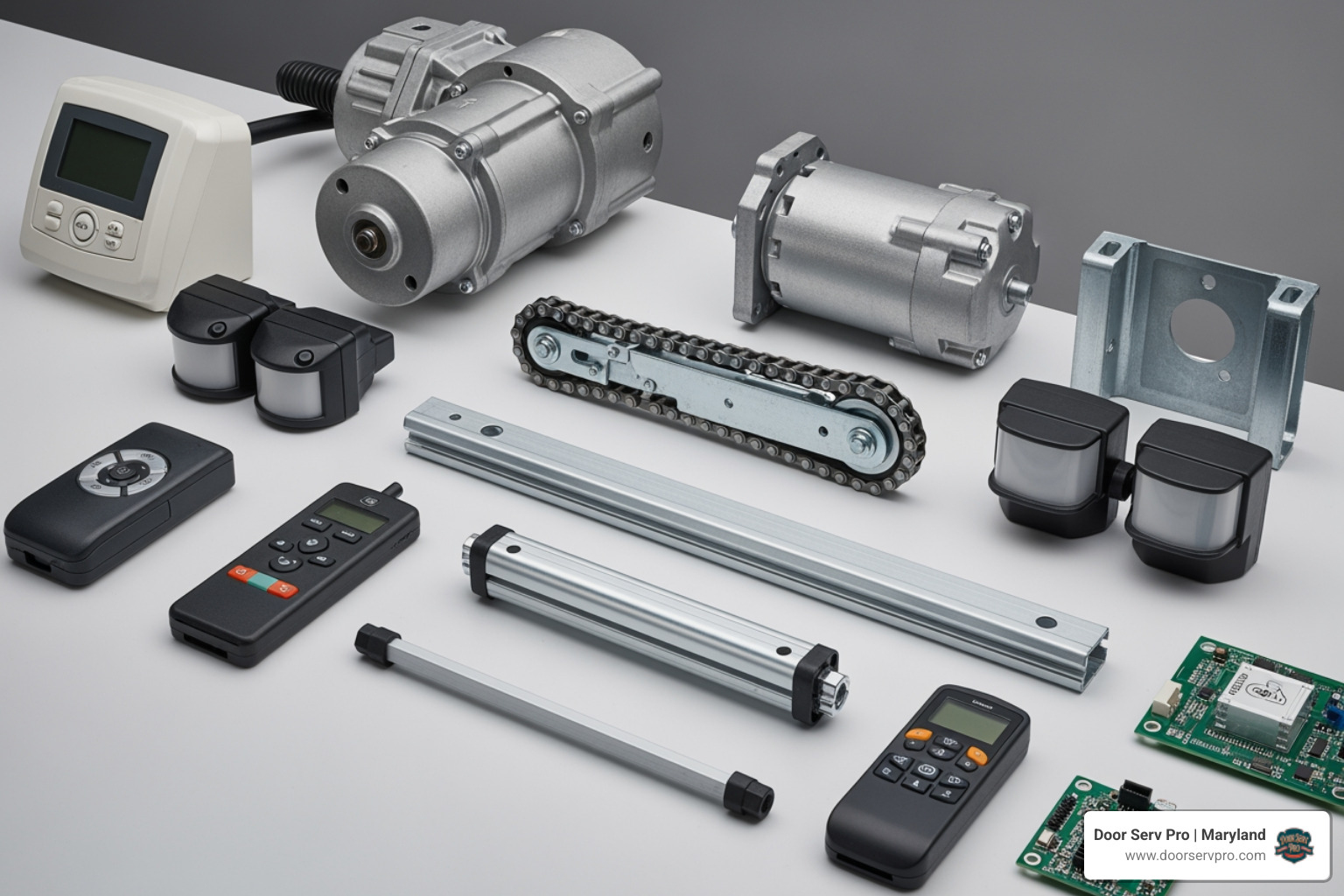 Infographic showing the main components of an automatic garage door opener system including motor unit, drive mechanism, safety sensors, trolley carriage, wall console, remote control, and circuit board with labels indicating common failure points for each component - garage door opener repair in new market md