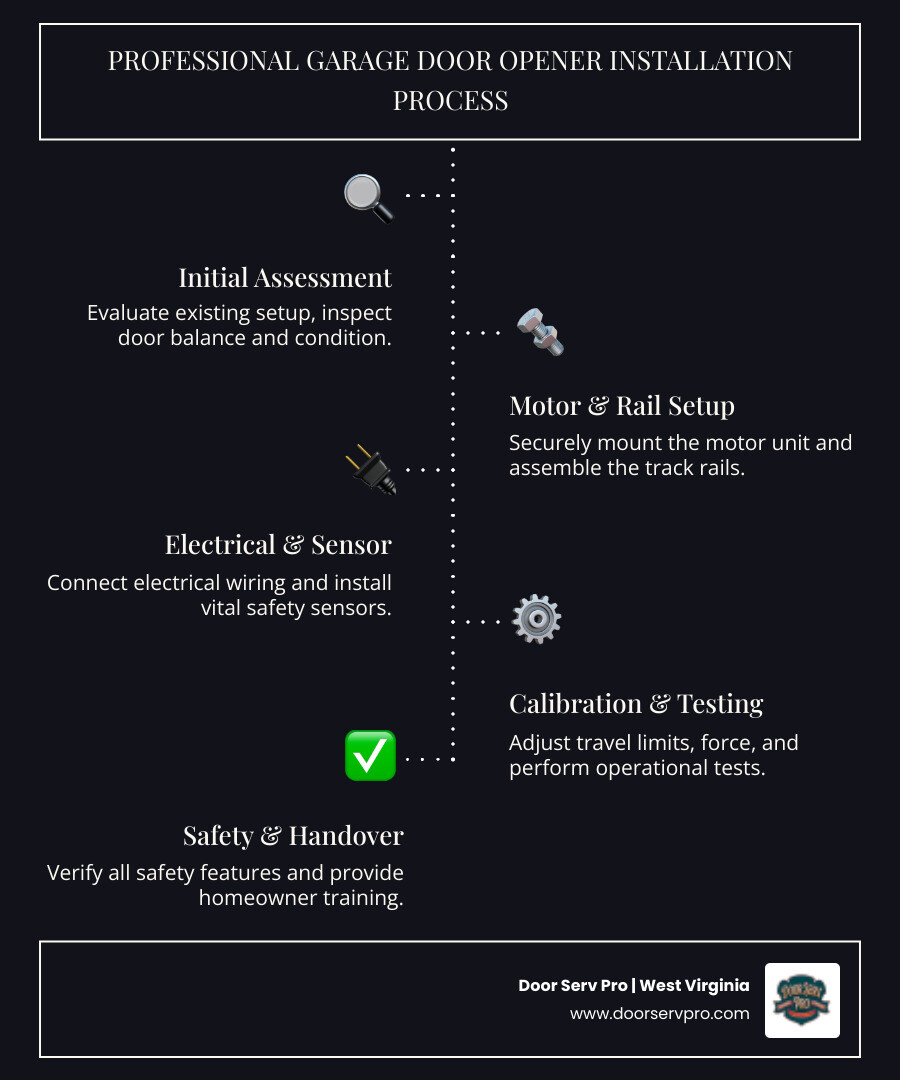 infographic showing the professional garage door opener installation process: initial assessment and door balance check, motor unit mounting and rail assembly, electrical wiring and sensor installation, travel limit calibration and testing, safety feature verification and homeowner training - garage door opener installation contractor in gerrardstown, wv infographic infographic-line-5-steps-dark