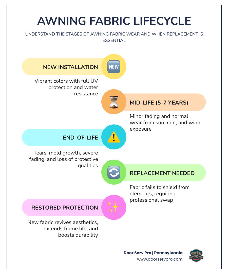 Infographic showing the lifecycle of awning fabric: new installation with vibrant color and UV protection, mid-life fabric showing minor fading and normal wear after 5-7 years, end-of-life fabric displaying tears, mold, and severe fading requiring replacement, plus benefits of professional replacement including restored protection, updated aesthetics, and extended frame life - awning fabric replacement services in chambersburg, pa infographic infographic-line-5-steps-colors