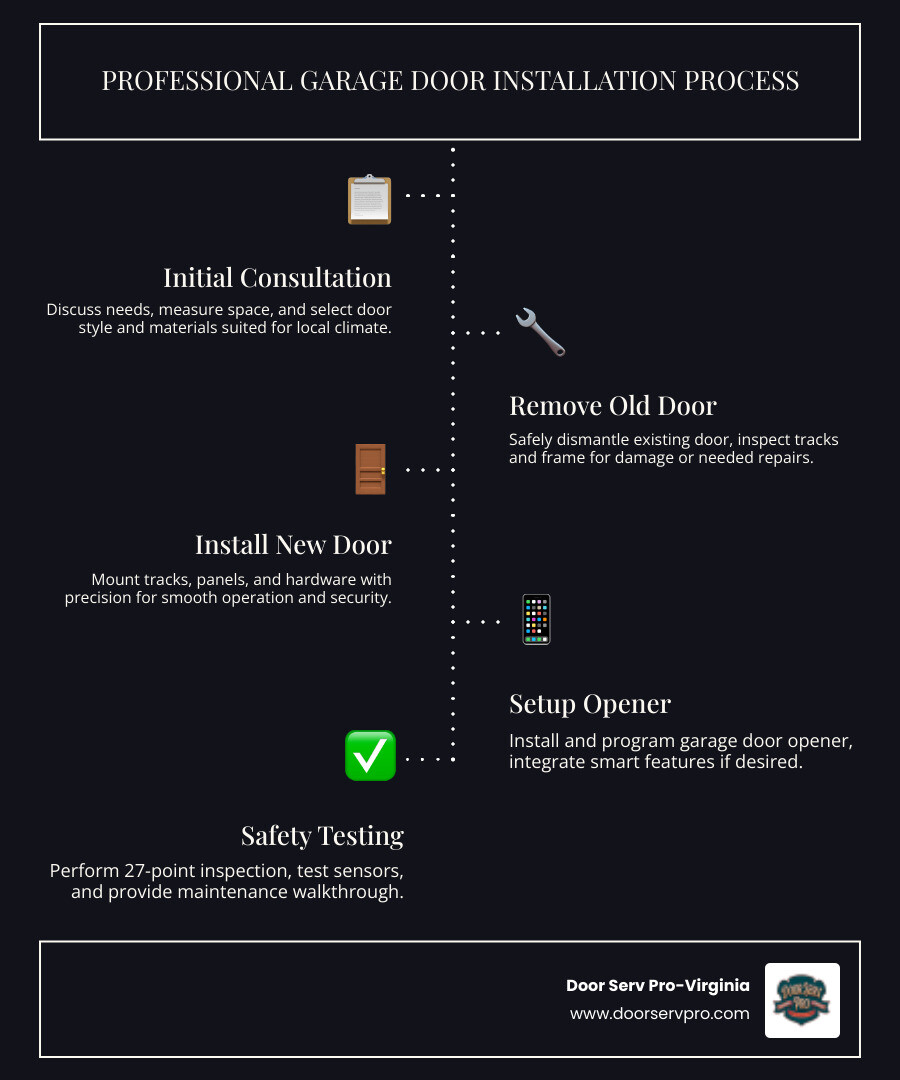 infographic showing the professional garage door installation process from initial consultation through measurement, removal of old door, track inspection, new door installation, opener setup, safety testing, and final walkthrough with warranty explanation - best garage door installation in berryville, va infographic infographic-line-5-steps-dark